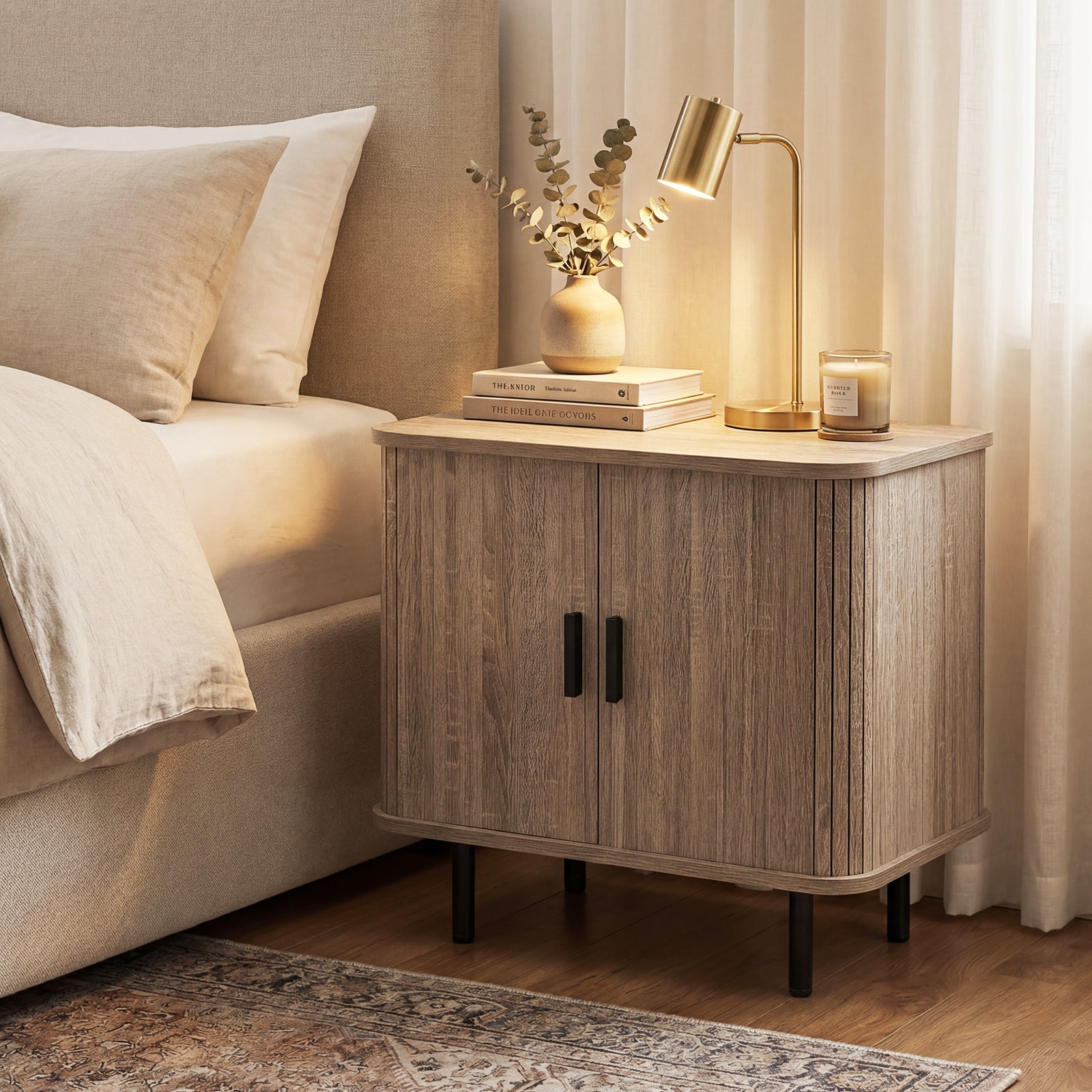 Modern Mid Century Nightstand, Sliding Tambour Doors, Storage Shelf, Natural Nightstands at Gallery Canada
