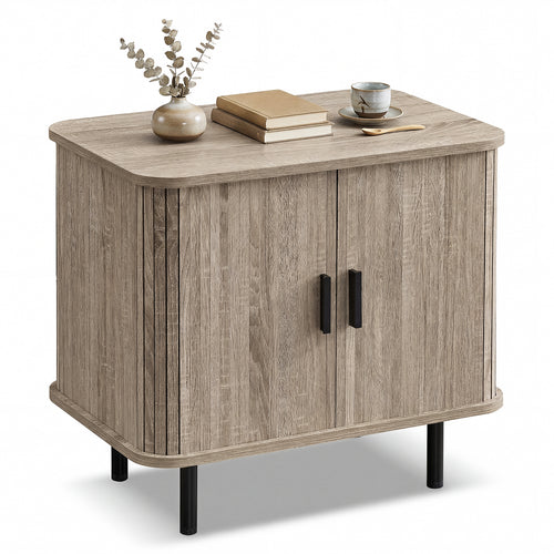 Modern Mid Century Nightstand, Sliding Tambour Doors, Storage Shelf, Natural