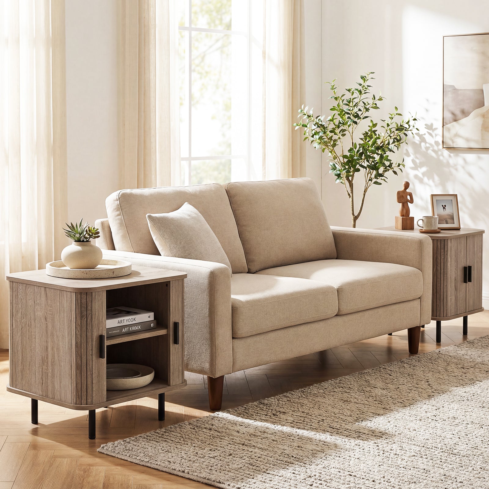 Modern Mid Century Nightstand, Sliding Tambour Doors, Storage Shelf, Natural Nightstands at Gallery Canada