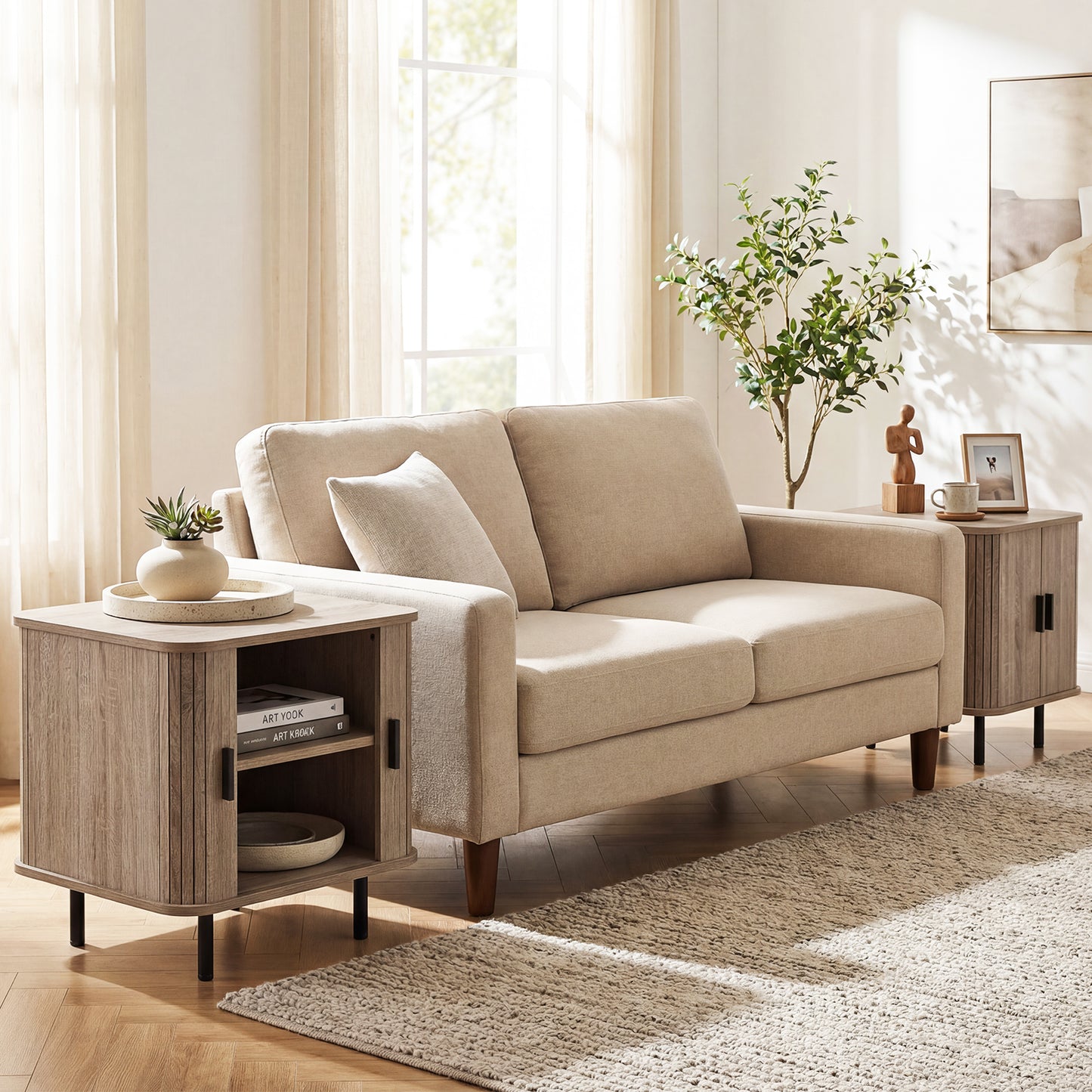 Modern Mid Century Nightstand, Sliding Tambour Doors, Storage Shelf, Natural Nightstands at Gallery Canada