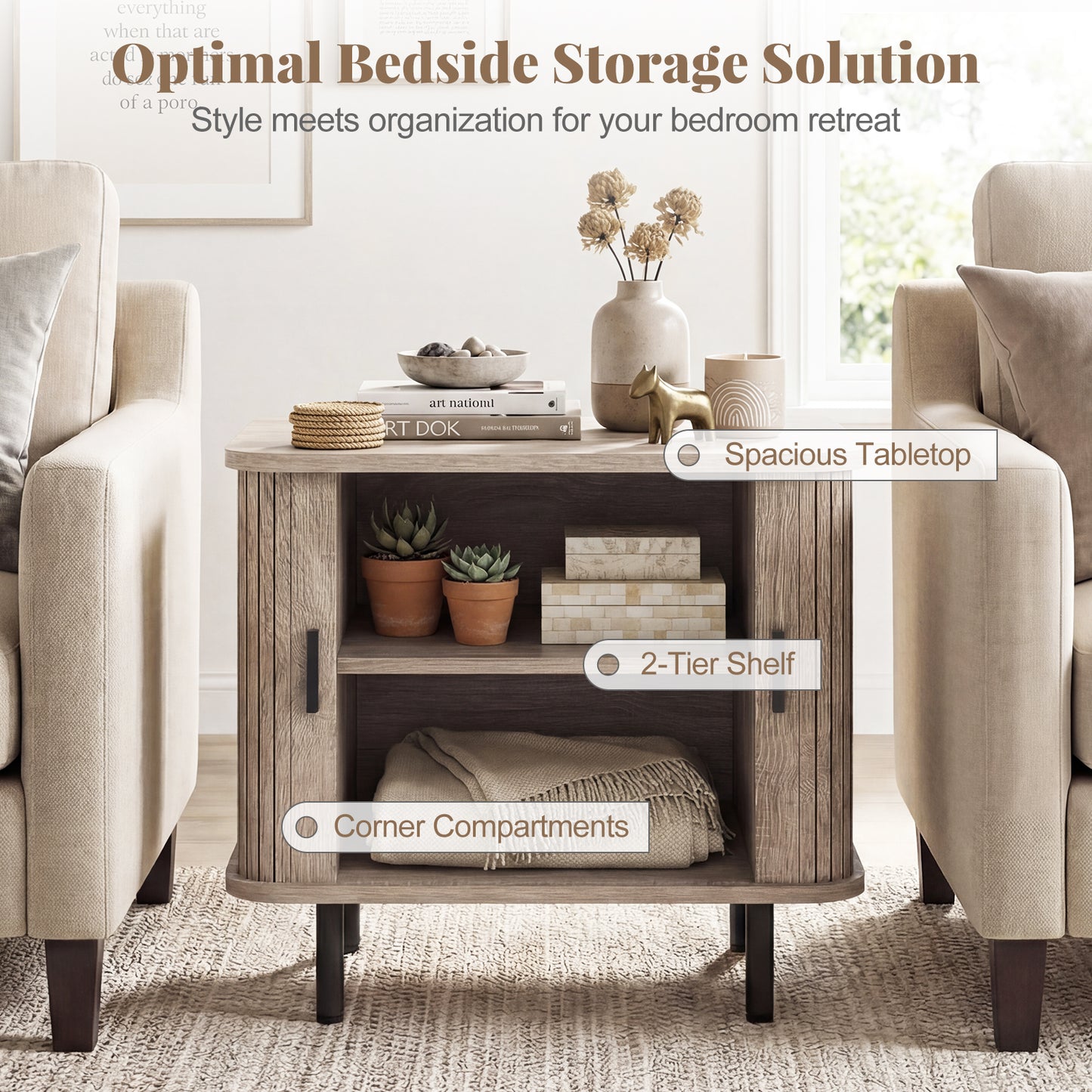 Modern Mid Century Nightstand, Sliding Tambour Doors, Storage Shelf, Natural Nightstands at Gallery Canada