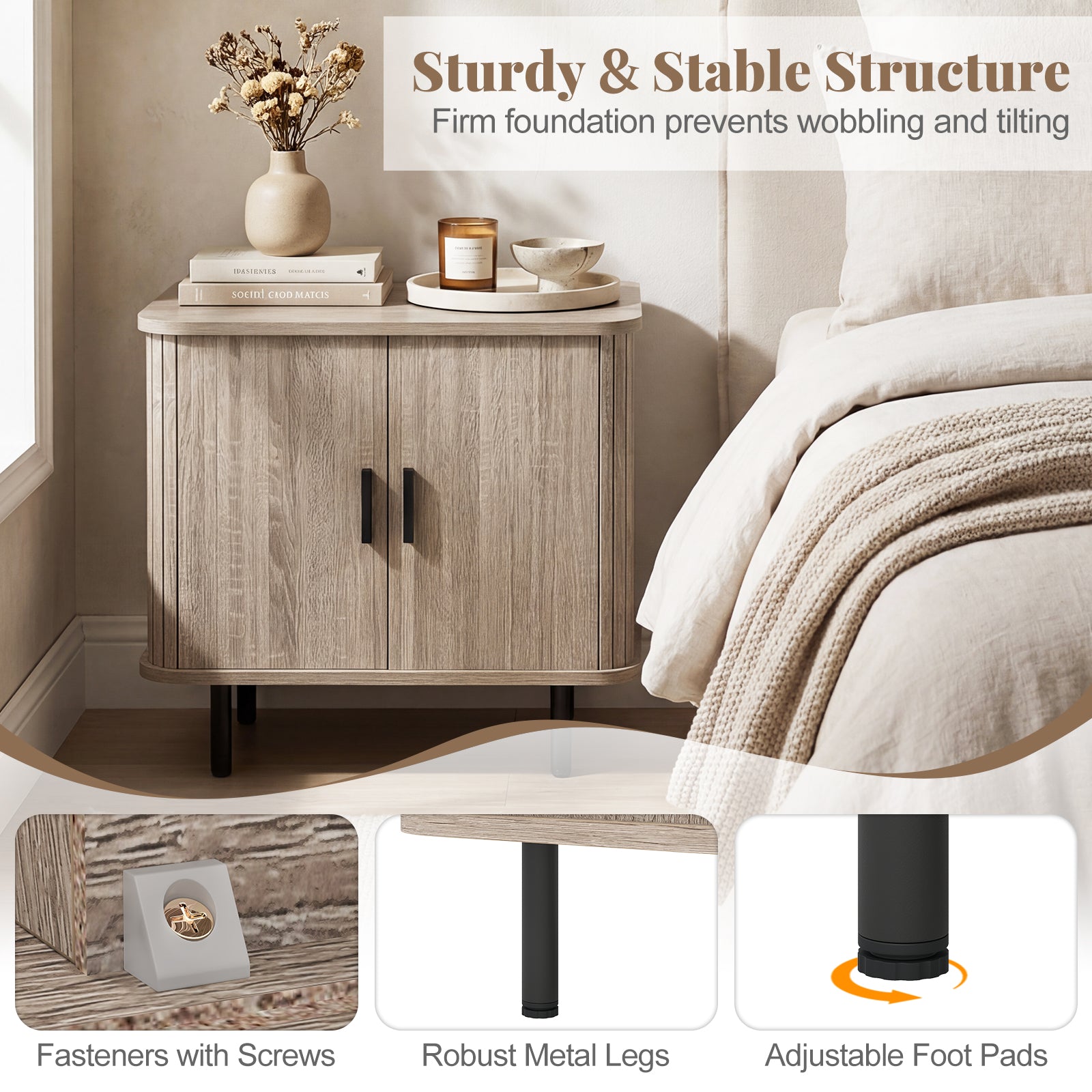 Modern Mid Century Nightstand, Sliding Tambour Doors, Storage Shelf, Natural Nightstands at Gallery Canada