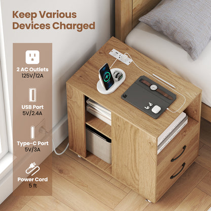 End Table with Built-in Charging Station Sofa Side Bedside Table on Wheels, Natural