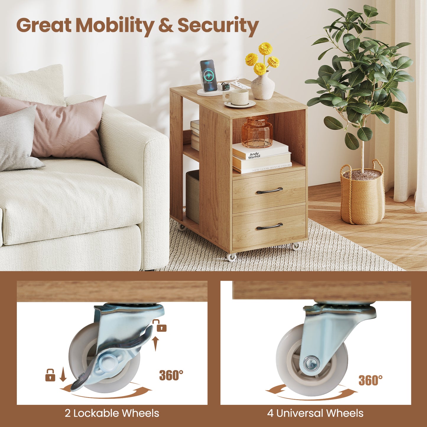 End Table with Built-in Charging Station Sofa Side Bedside Table on Wheels, Natural