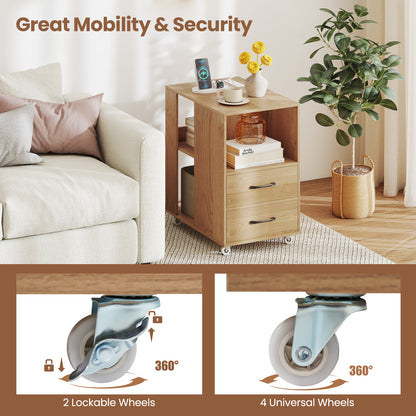 End Table with Built-in Charging Station Sofa Side Bedside Table on Wheels, Natural