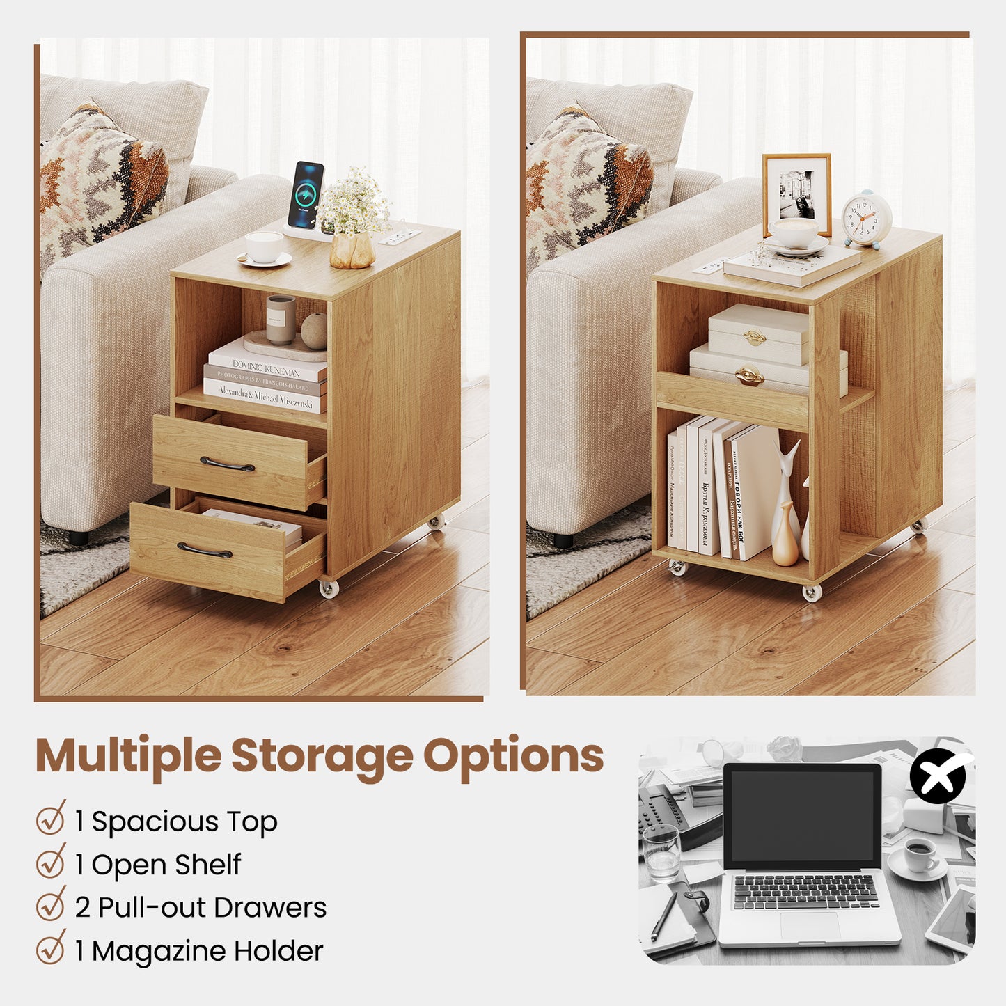 End Table with Built-in Charging Station Sofa Side Bedside Table on Wheels, Natural