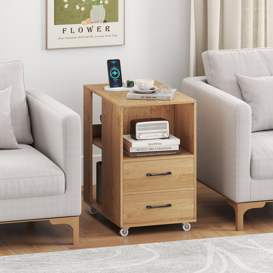 End Table with Built-in Charging Station Sofa Side Bedside Table on Wheels, Natural