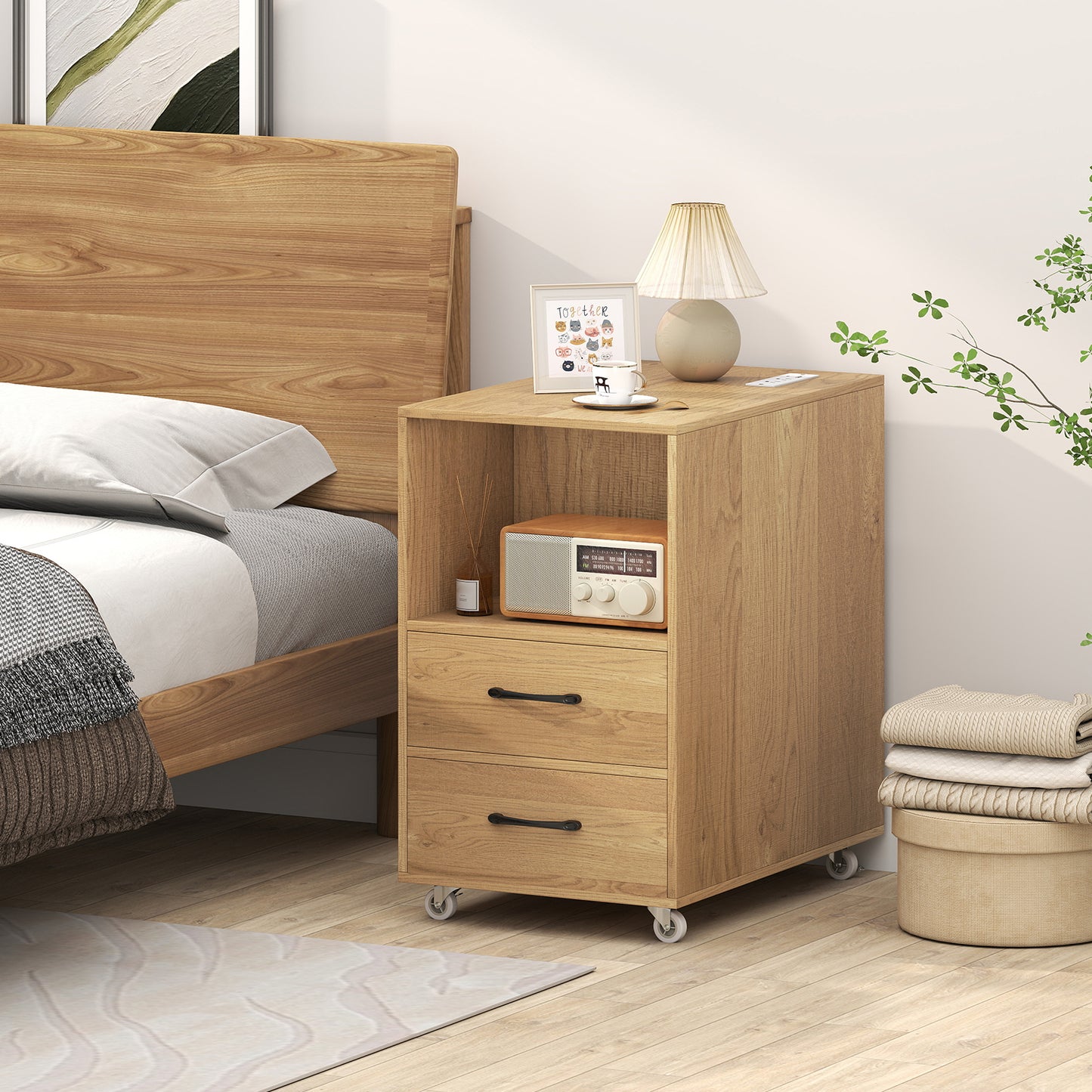End Table with Built-in Charging Station Sofa Side Bedside Table on Wheels, Natural