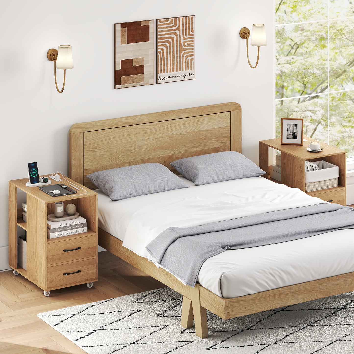 End Table with Built-in Charging Station Sofa Side Bedside Table on Wheels, Natural