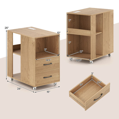 End Table with Built-in Charging Station Sofa Side Bedside Table on Wheels, Natural