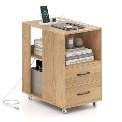 End Table with Built-in Charging Station Sofa Side Bedside Table on Wheels, Natural
