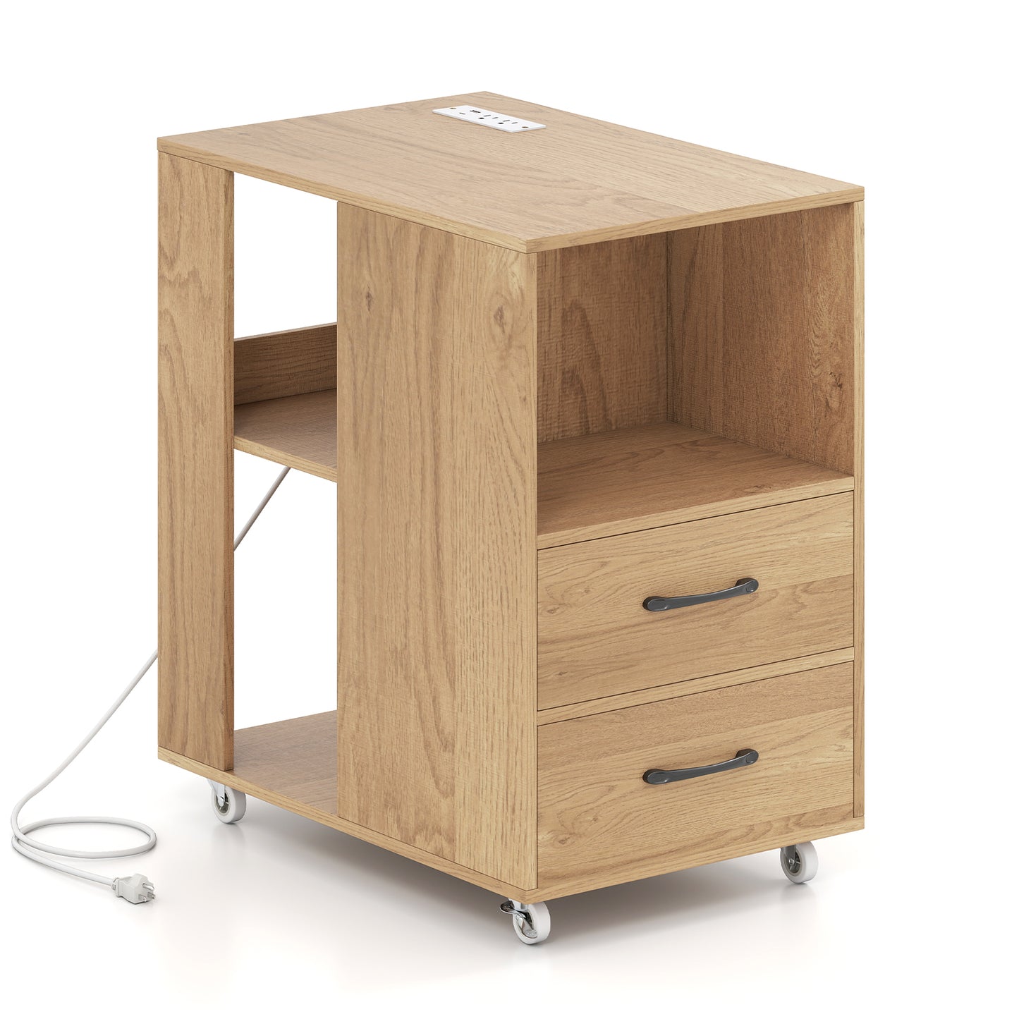 End Table with Built-in Charging Station Sofa Side Bedside Table on Wheels, Natural
