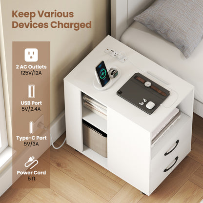 End Table with Built-in Charging Station Sofa Side Bedside Table on Wheels, White