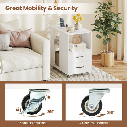 End Table with Built-in Charging Station Sofa Side Bedside Table on Wheels, White