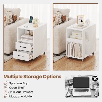 End Table with Built-in Charging Station Sofa Side Bedside Table on Wheels, White