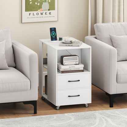 End Table with Built-in Charging Station Sofa Side Bedside Table on Wheels, White