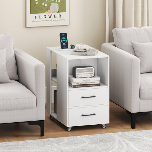 End Table with Built-in Charging Station Sofa Side Bedside Table on Wheels, White