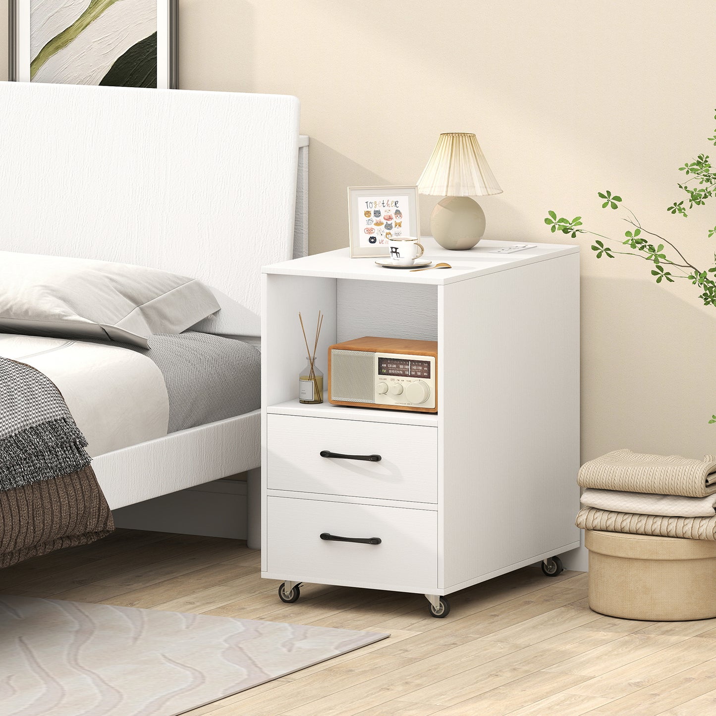 End Table with Built-in Charging Station Sofa Side Bedside Table on Wheels, White
