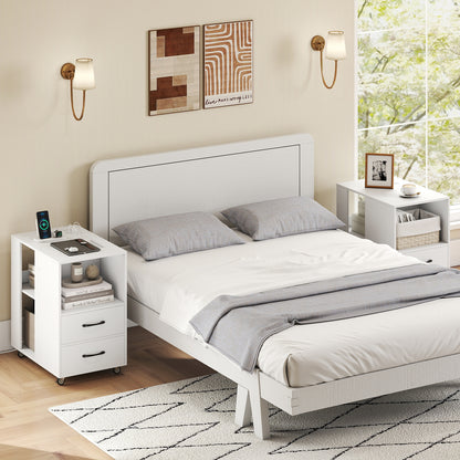 End Table with Built-in Charging Station Sofa Side Bedside Table on Wheels, White