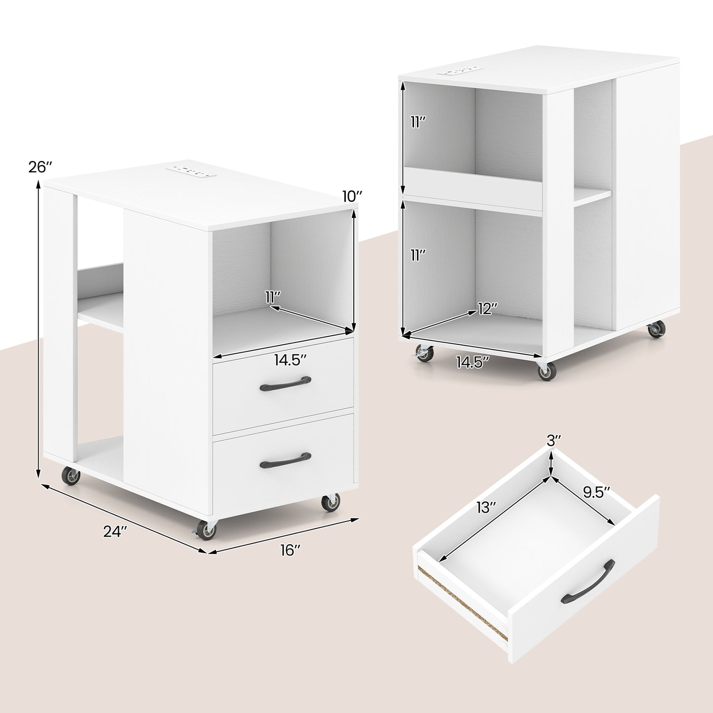 End Table with Built-in Charging Station Sofa Side Bedside Table on Wheels, White