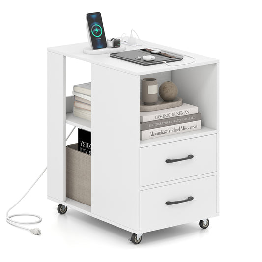 End Table with Built-in Charging Station Sofa Side Bedside Table on Wheels, White