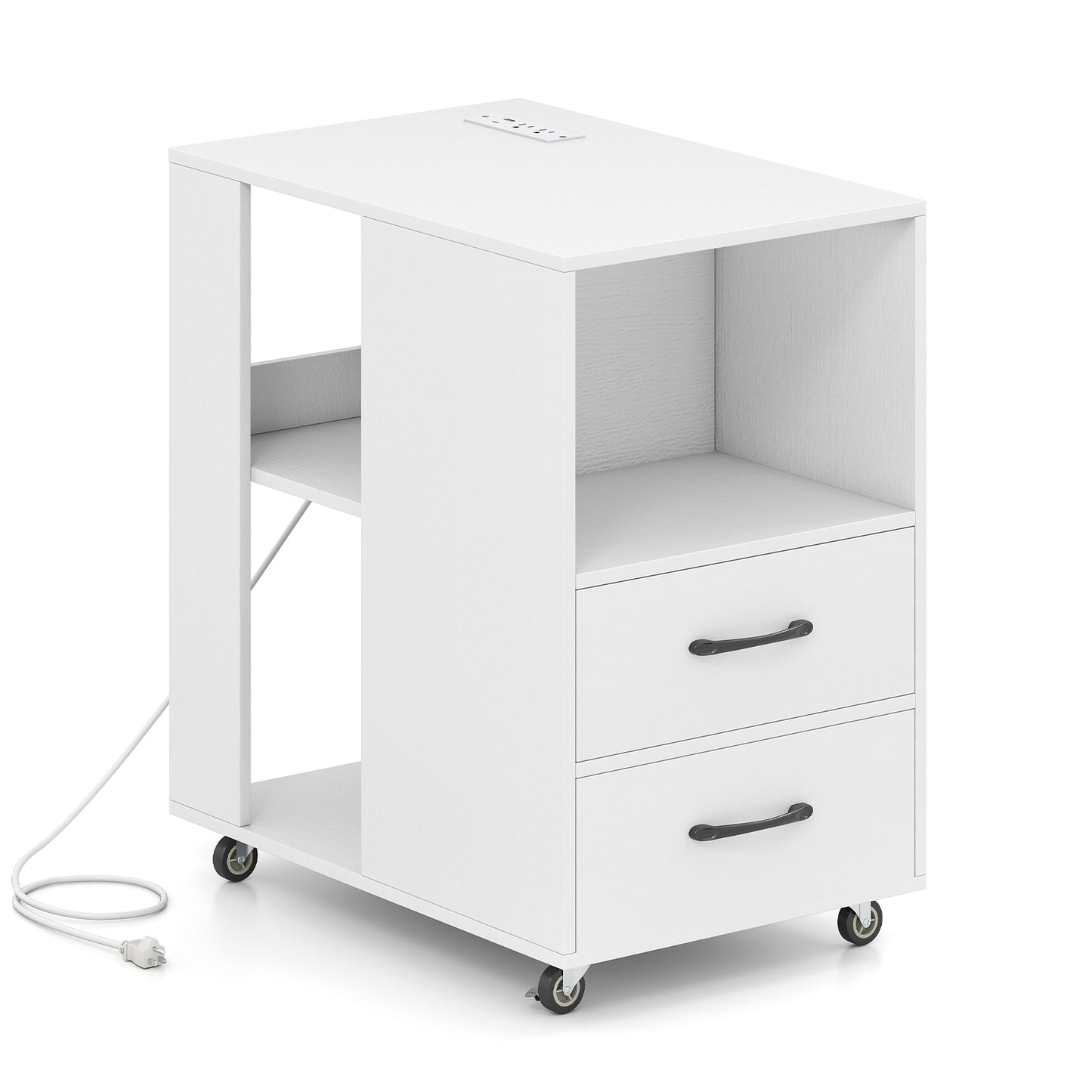 End Table with Built-in Charging Station Sofa Side Bedside Table on Wheels, White