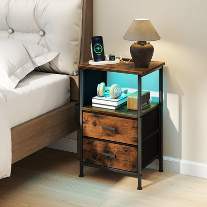 Charging Station End Table, 1 Nightstand With 2 Folding Fabric Drawers