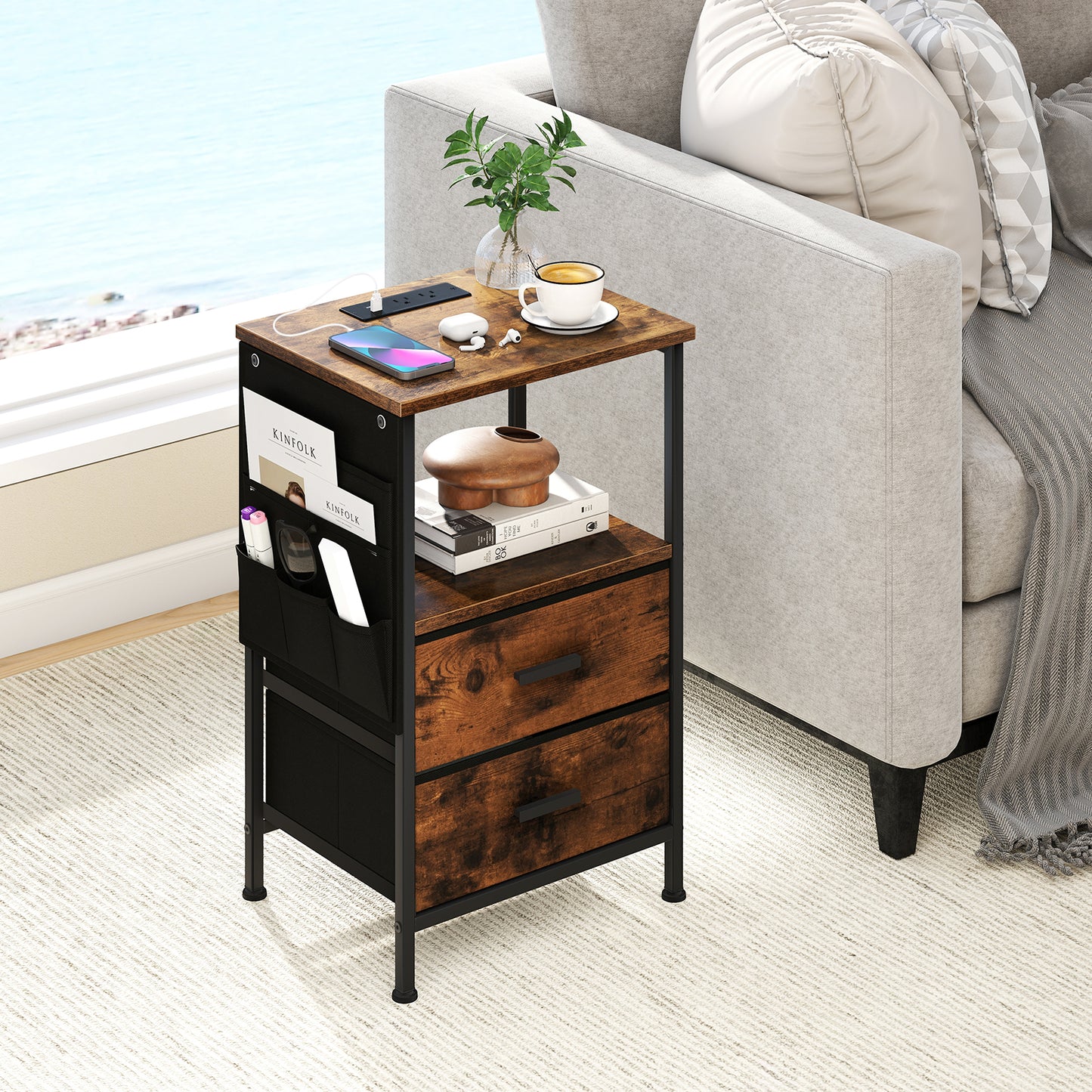 Charging Station End Table, 1 Nightstand With 2 Folding Fabric Drawers
