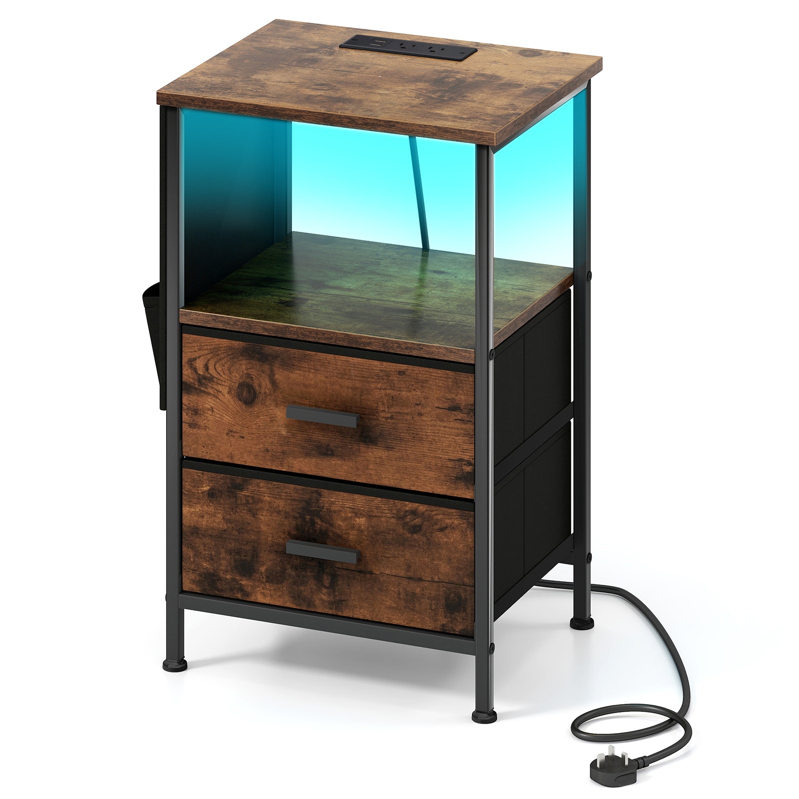 Charging Station End Table, 1 Nightstand With 2 Folding Fabric Drawers
