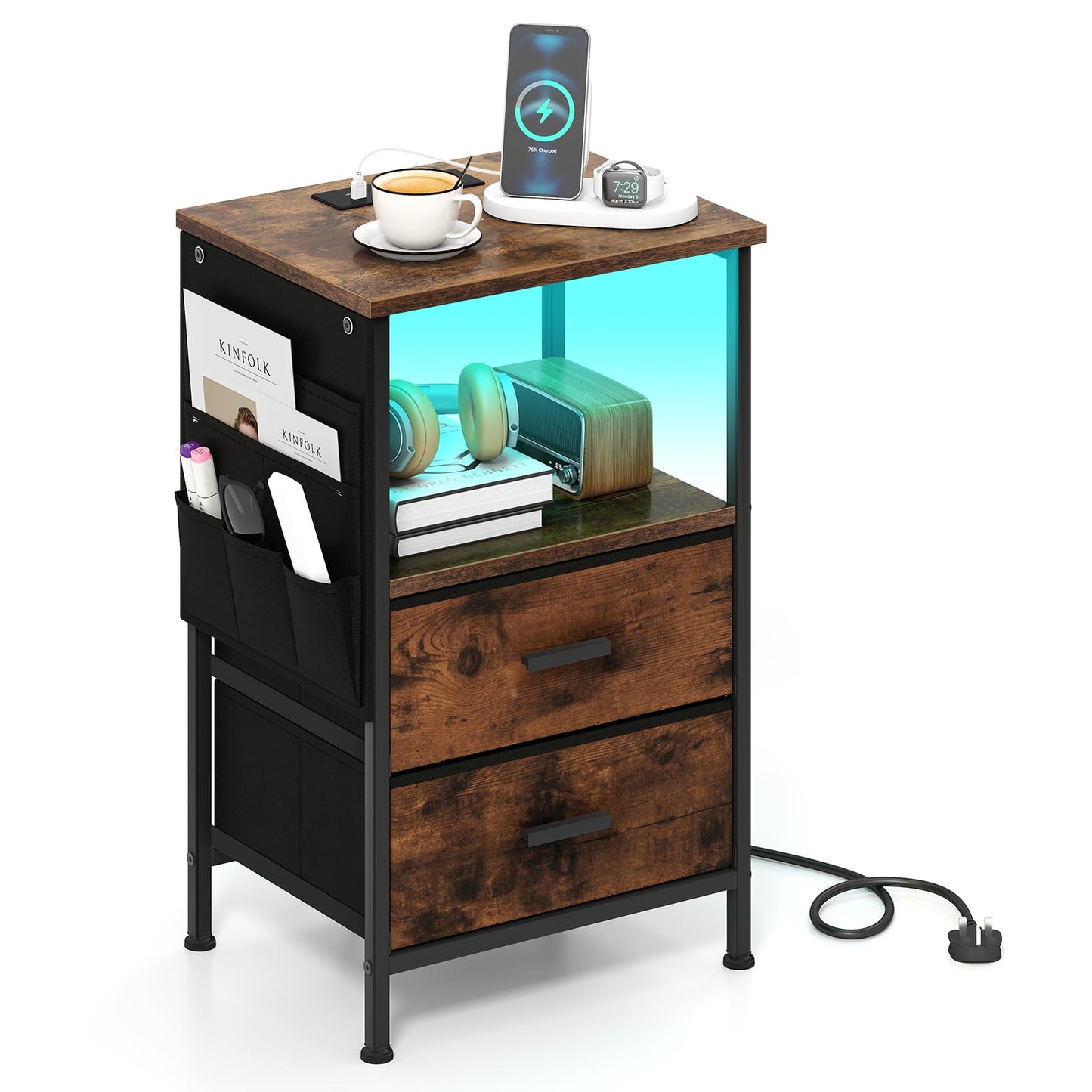 Charging Station End Table, 1 Nightstand With 2 Folding Fabric Drawers