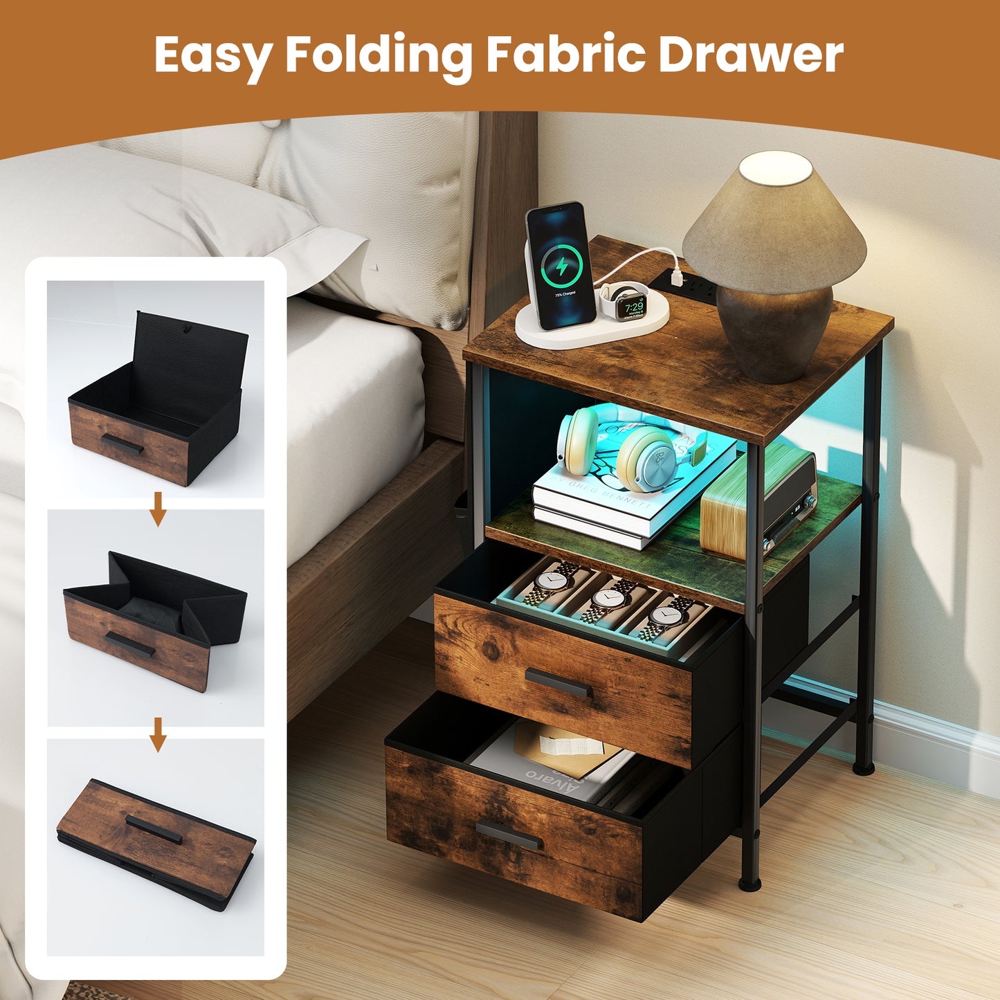 Charging Station End Table, 1 Nightstand With 2 Folding Fabric Drawers