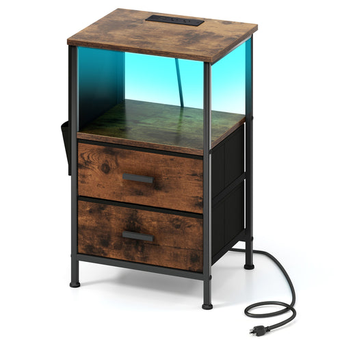 Charging Station End Table, 1 Nightstand With 2 Folding Fabric Drawers
