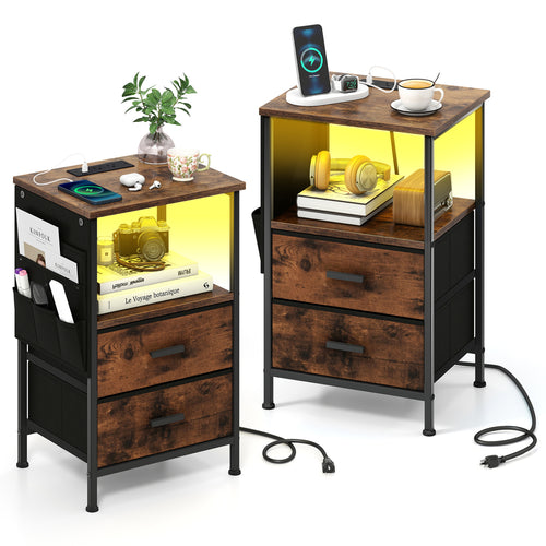 End Table With Charging Station, Set Of 2 Nightstands, 2 Folding Fabric Drawers