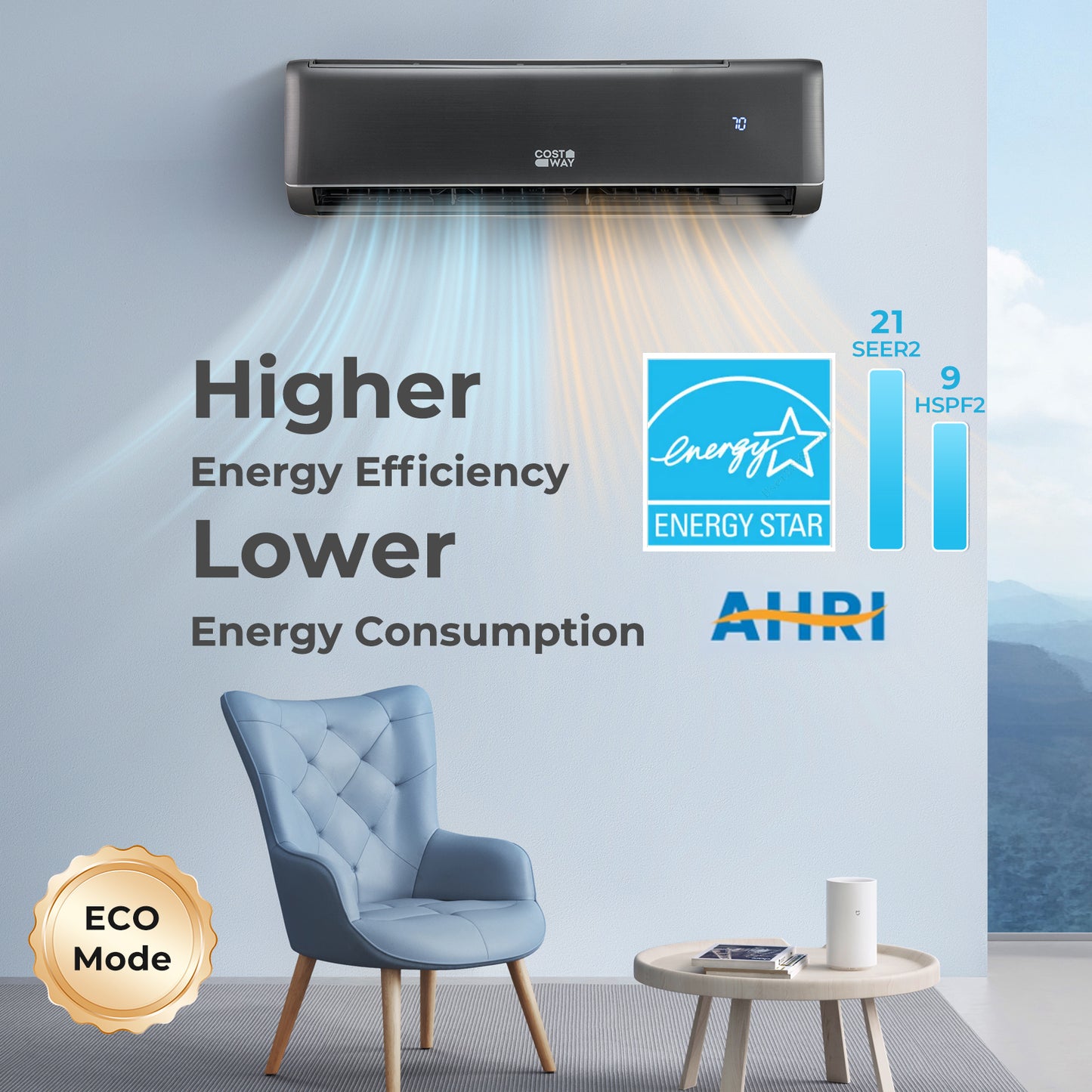 Climatiseur chauffant mini-split certifié Energy Star 18000 BTU 21 SEER2, gris