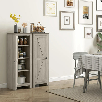 48" Kitchen Pantry Cabinet, Barn Door, Adjustable Shelves, Grey Wood Grain, Grey Kitchen Pantry Cabinets at Gallery Canada