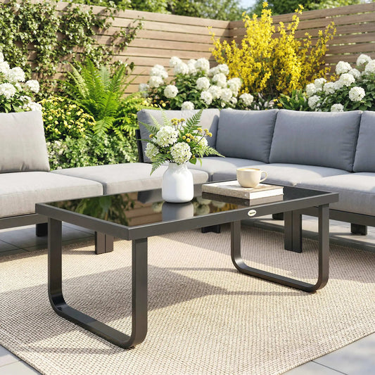 Outdoor Patio Coffee Table, Rectangle Metal Side Table, Tempered Glass Tabletop Patio Side Tables Black at Gallery Canada