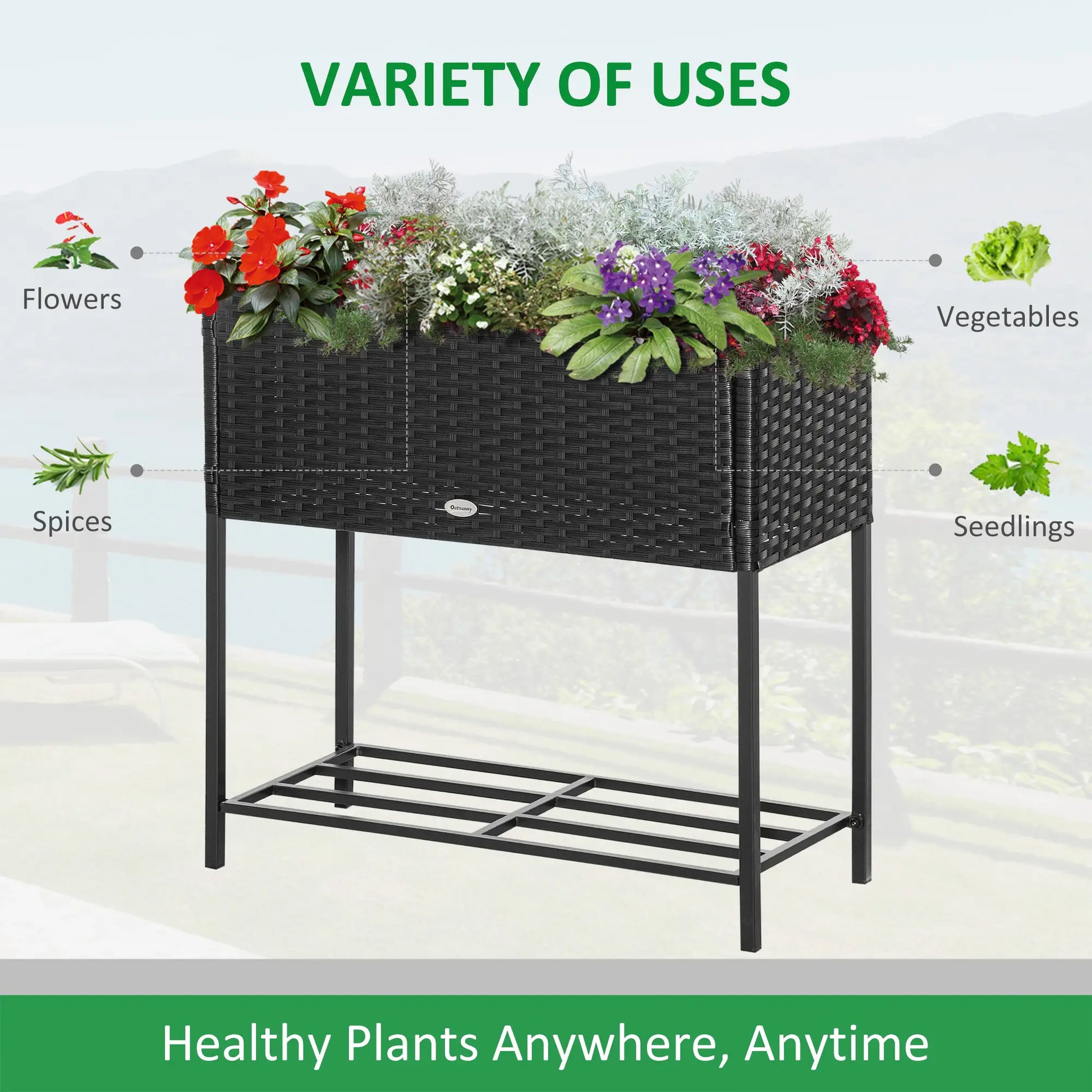 Rattan Raised Garden Box, Elevated Flower Bed with Storage, Black Plant Stands at Gallery Canada