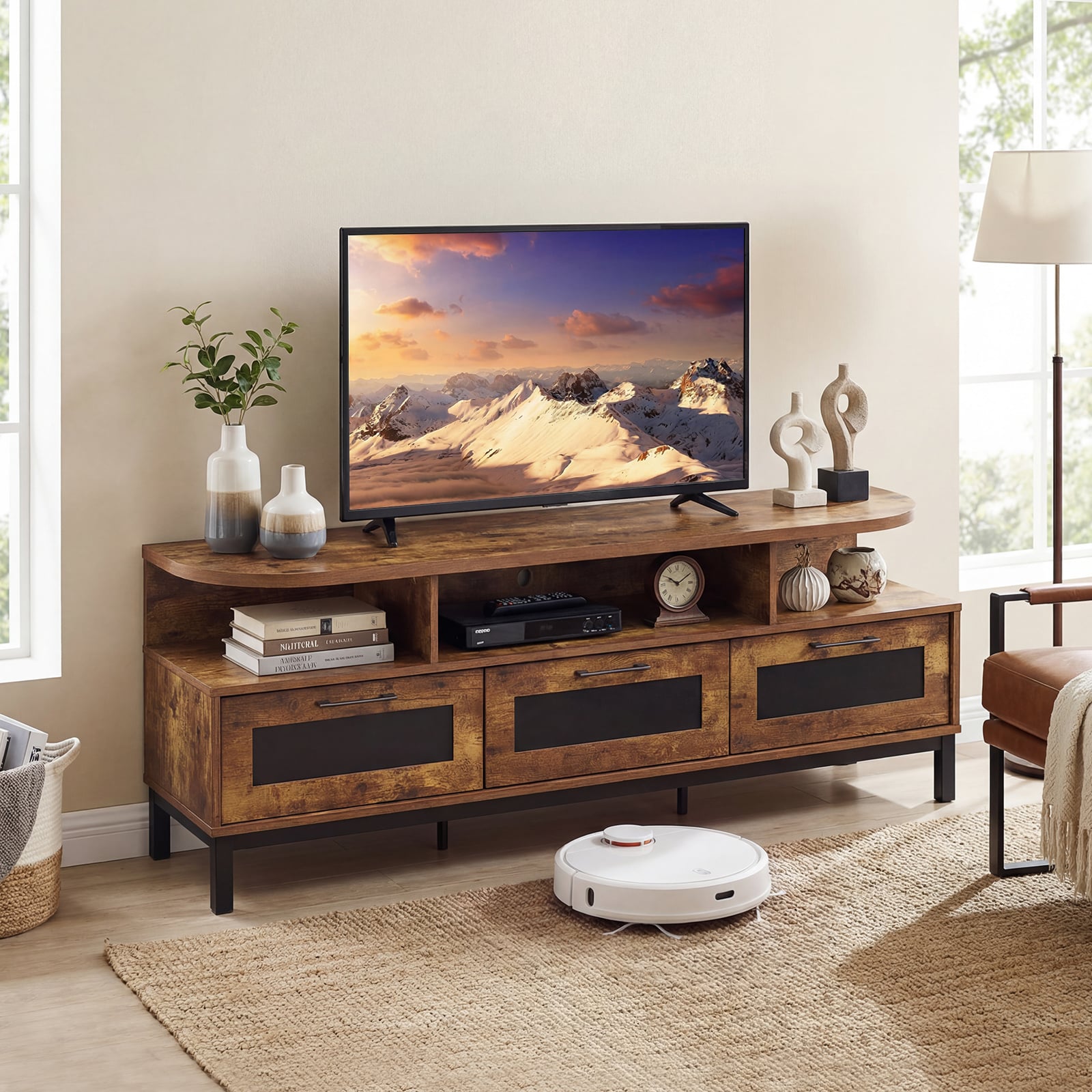 Entertainment Center, 3 Storage Drawers, Open Shelves, Brown Entertainment Centers & TV Stands at Gallery Canada
