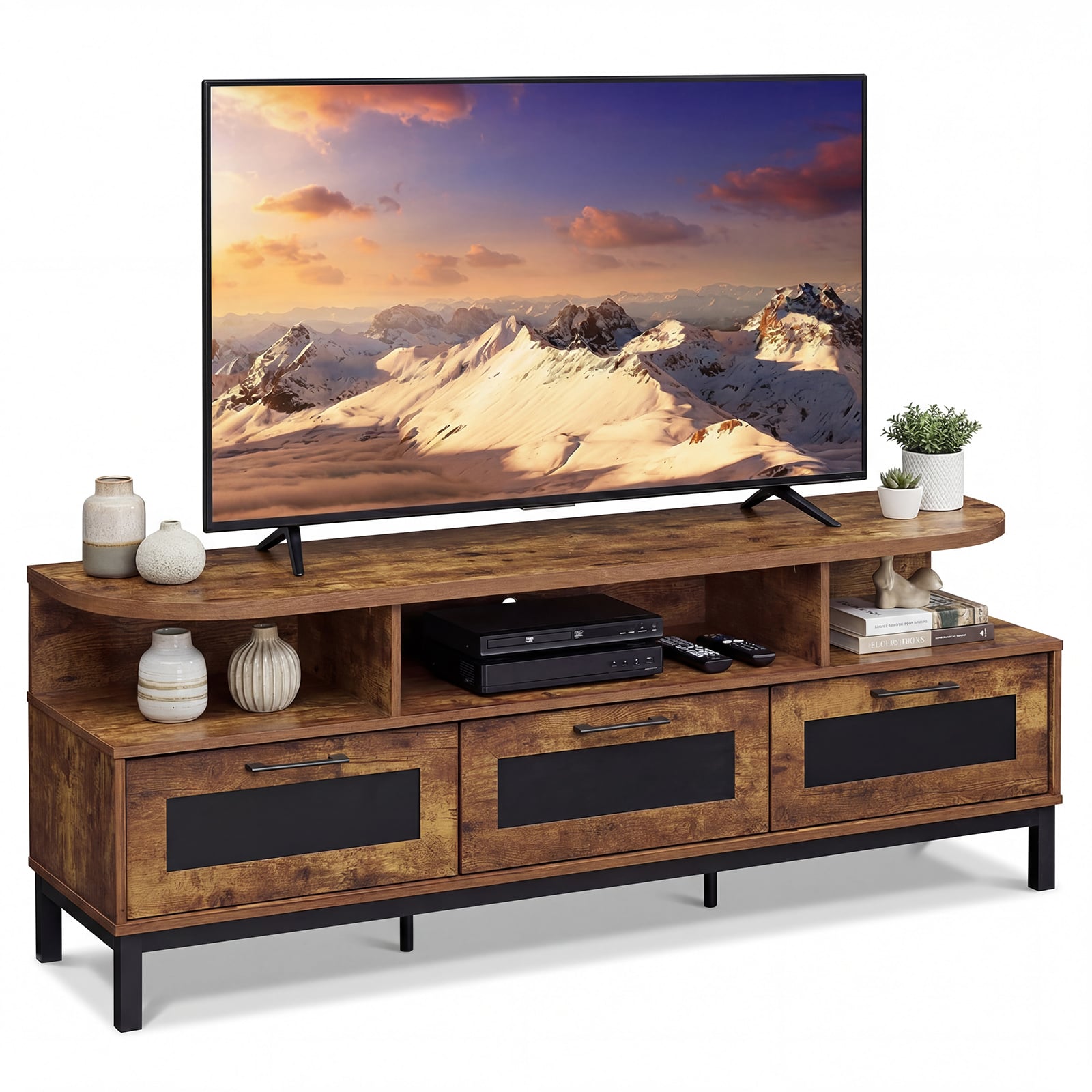 Entertainment Center, 3 Storage Drawers, Open Shelves, Brown Entertainment Centers & TV Stands Rustic Brown at Gallery Canada