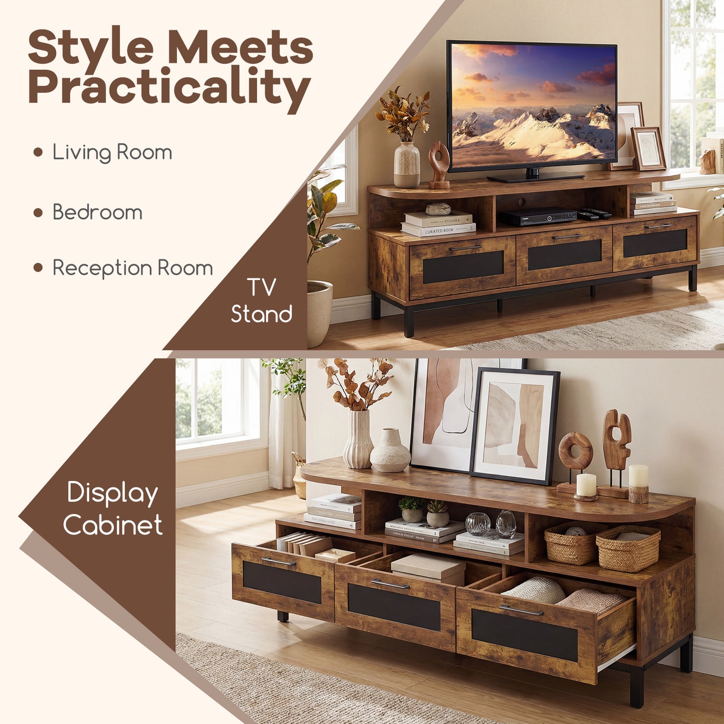Entertainment Center, 3 Storage Drawers, Open Shelves, Brown Entertainment Centers & TV Stands at Gallery Canada