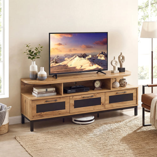 Entertainment Center, 3 Storage Drawers, Open Shelves, Natural