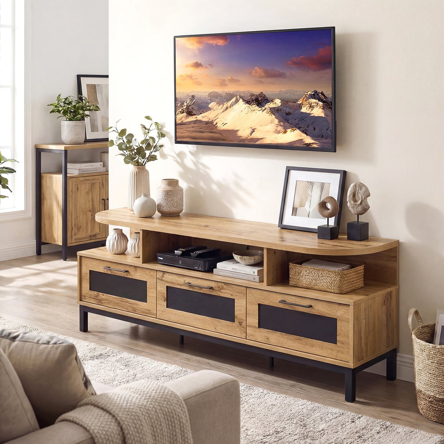 Entertainment Center, 3 Storage Drawers, Open Shelves, Natural Entertainment Centers & TV Stands at Gallery Canada