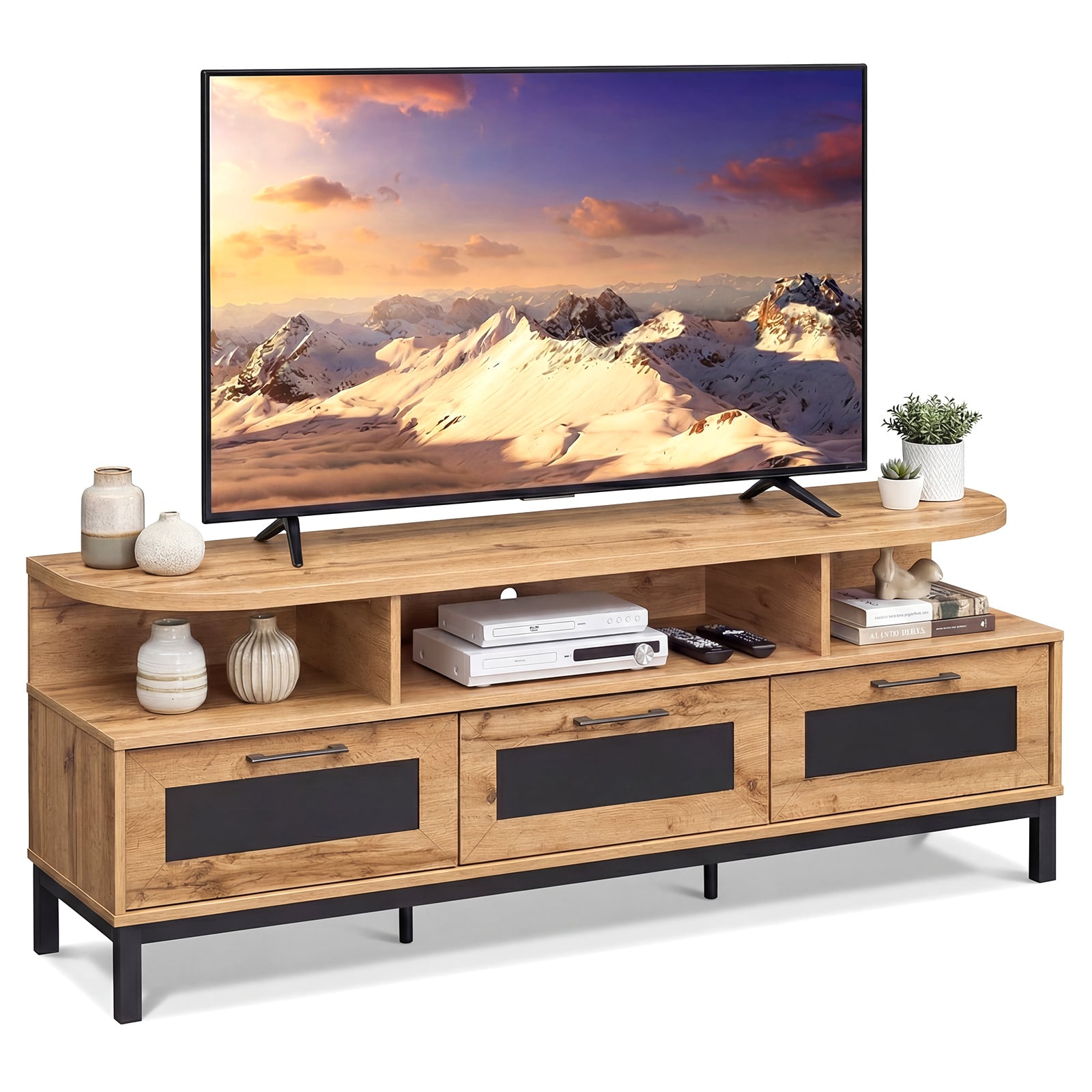 Entertainment Center, 3 Storage Drawers, Open Shelves, Natural