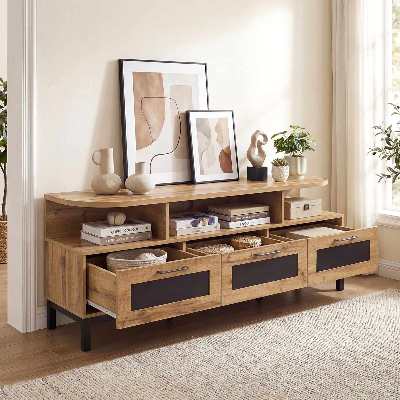 Entertainment Center, 3 Storage Drawers, Open Shelves, Natural Entertainment Centers & TV Stands at Gallery Canada