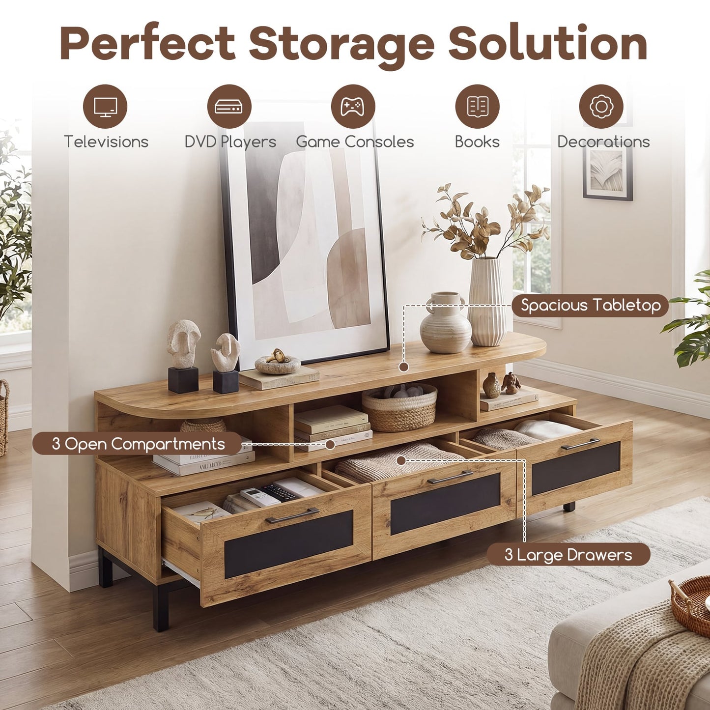 Entertainment Center, 3 Storage Drawers, Open Shelves, Natural Entertainment Centers & TV Stands at Gallery Canada