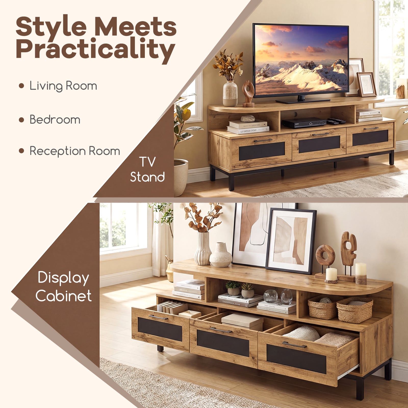 Entertainment Center, 3 Storage Drawers, Open Shelves, Natural Entertainment Centers & TV Stands at Gallery Canada