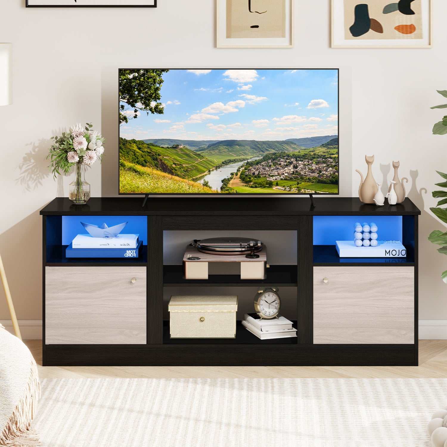 Entertainment Center with Adjustable Shelf & Open Compartment for 65” TVs, Black Entertainment Centers & TV Stands at Gallery Canada