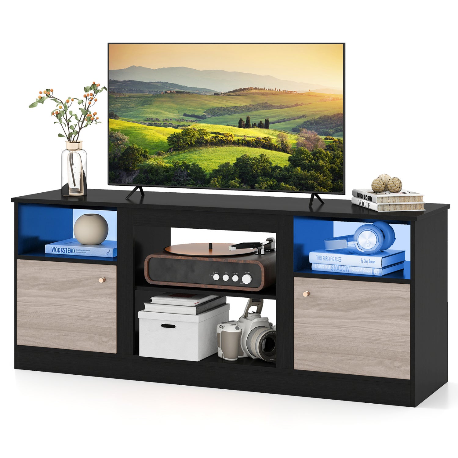Entertainment Center with Adjustable Shelf & Open Compartment for 65” TVs, Black Entertainment Centers & TV Stands Black at Gallery Canada