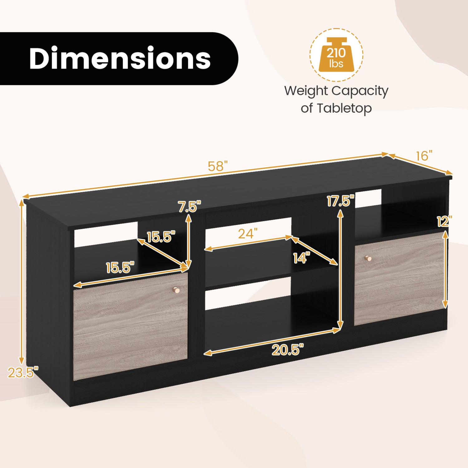 Entertainment Center with Adjustable Shelf & Open Compartment for 65” TVs, Black Entertainment Centers & TV Stands at Gallery Canada