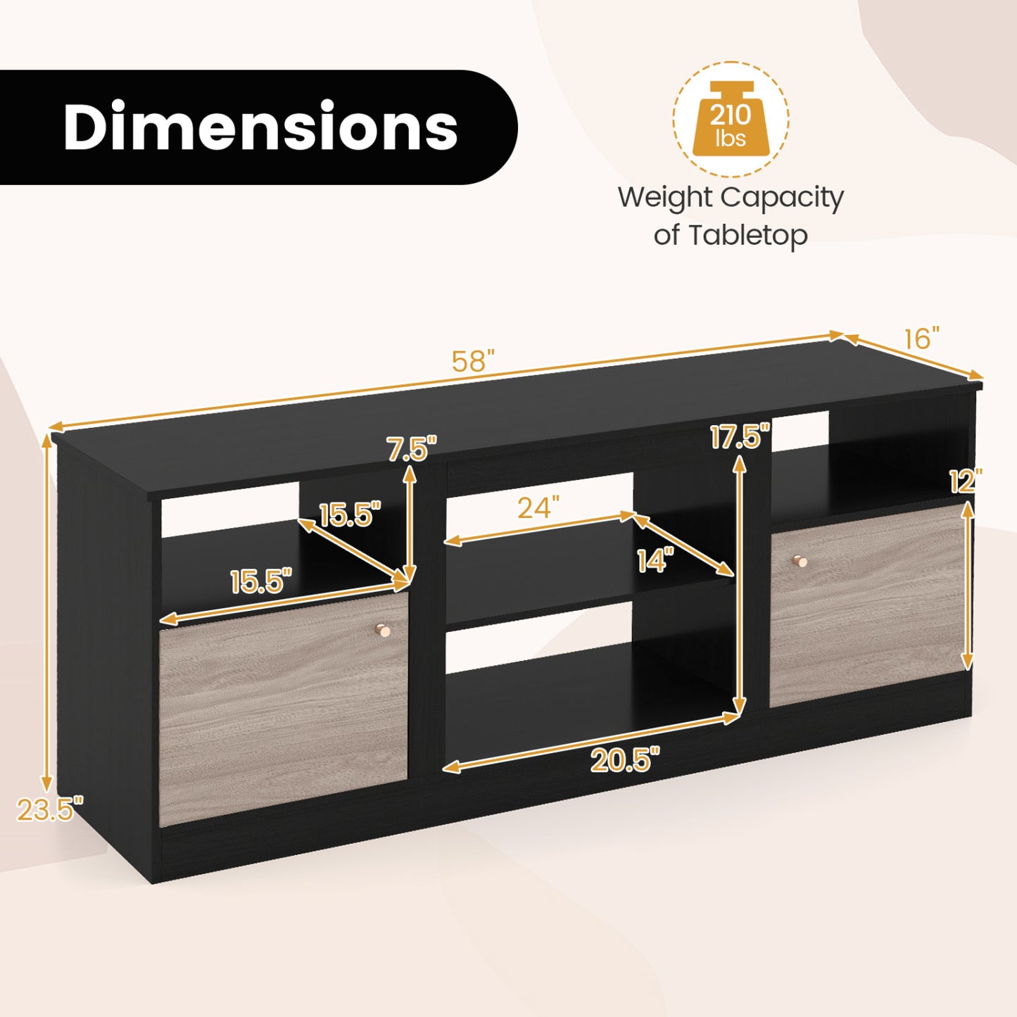 Entertainment Center with Adjustable Shelf & Open Compartment for 65” TVs, Black Entertainment Centers & TV Stands at Gallery Canada